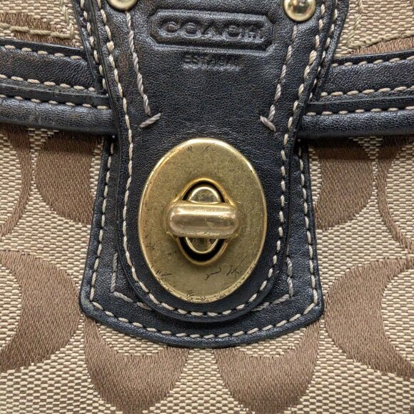 Coach Signature Wristlet Bag Tan Brown Logo Jacquard Black Leather Trim Clutch - Picture 12 of 12